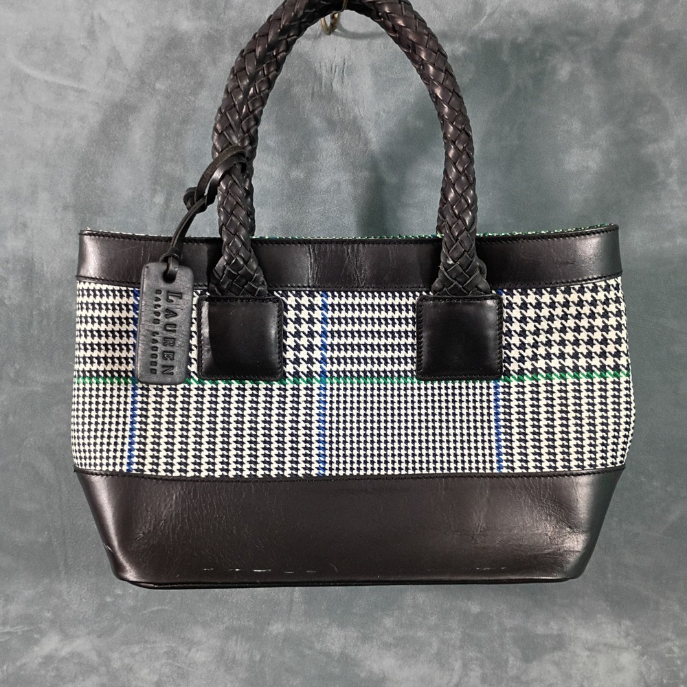 Lauren Ralph Lauren Houndstooth Tote Bag Braided Leather Handle Black Purse